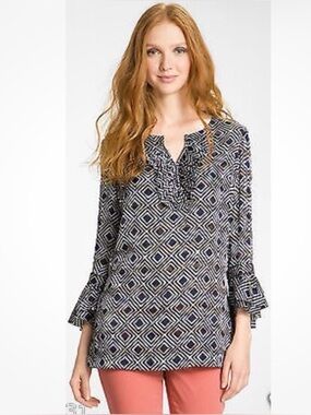 NWOT Tory Burch Gwenna Normandy V- Neck Blue Printed Silk Tunic Blouse Size 6